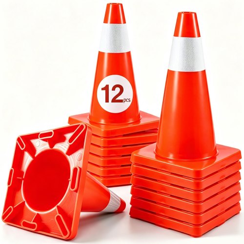 VEVOR 12-pack verkeerskegels van 45,7 cm, veiligheidskegels voor parkeren op straat met PVC-voet, oranje verkeerskegels, gevaarlijke bouwkegels voor parkeren in woonwijken afbeelding
