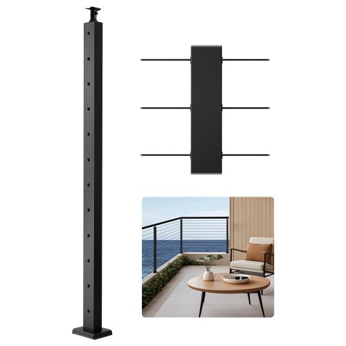 VEVOR kabelleuningpaal, 1067x50,8x50,8 mm, kabelleuningpaal voor trapleuning, voorgeboorde horizontale gaten, roestvrij staal SUS304, voor leuning, balustrade, zwart, 1JZLGZXHS106AWJO6001V0