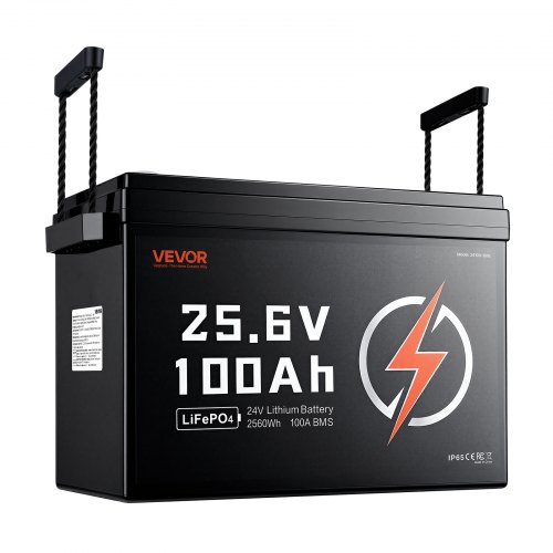 VEVOR LiFePO4-accu 24V 100Ah 100A lithiumbatterij voor elektromotoren, campers, caravans, zonne-energiesystemen en elektromotoren, met bescherming tegen lage temperaturen, draagbaar ontwerp en lichtgewicht constructie.