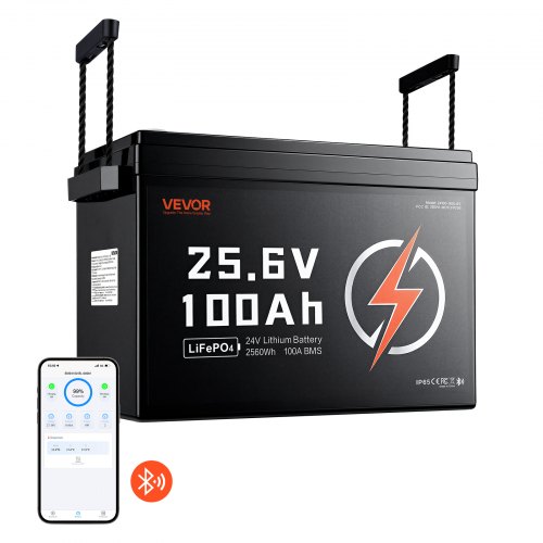 VEVOR LiFePO4-accu 24V 100Ah 100A lithiumaccu met Bluetooth BMS, geschikt voor campers, caravans, zonne-energieopslag en elektromotoren, 20-29,2V DC, bescherming tegen lage temperaturen, 2560Wh
