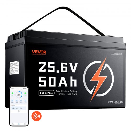 VEVOR LiFePO4-accu 24V 50Ah 50A lithiumaccu met Bluetooth BMS, geschikt voor campers, caravans, zonne-energieopslag en elektromotoren, 20-29,2V DC, bescherming tegen lage temperaturen, 1280Wh