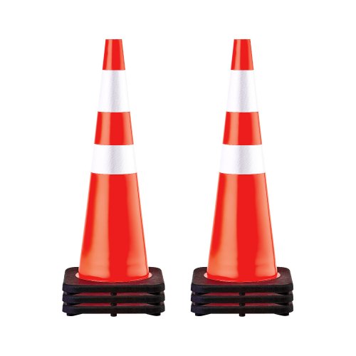 VEVOR 6-pack 36-inch verkeerskegels, veiligheidskegels voor op de weg met zwarte verzwaarde basis, oranje PVC-verkeersveiligheidskegels, gevarenkegels, reflecterende kragen afbeelding