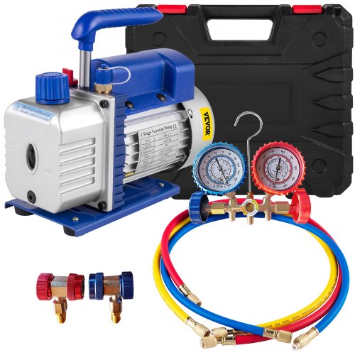 VEVOR Vacuum Pump Combo 4 Cfm 1/4HP Air Hvac R134A Kit Ac A/C Manifold Gauge,4CFM 1/3HP Rotary Vane Vacuum Pump R134A Manifold Gauge Charging afbeelding