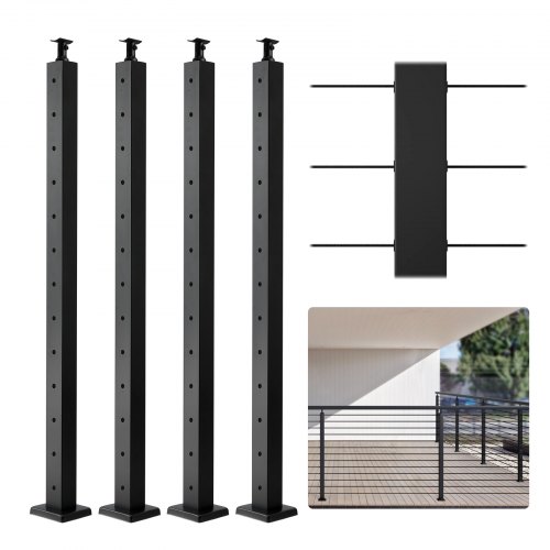 VEVOR set van 4 kabelrailingpalen 107x5x5cm palen met horizontale gaten afbeelding