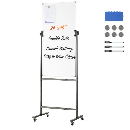 VEVOR Rollend magnetisch whiteboard 611 x 1220 mm, in hoogte verstelbaar draagbaar whiteboard met standaard, dubbelzijdig whiteboard met wielen, mobiel whiteboard voor kantoor, klaslokaal en thuis