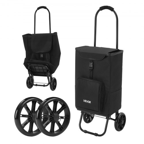 VEVOR boodschappentrolley, opvouwbare winkelwagen met een draagvermogen van 35 kg, zwart, inhoud van 27 liter, met koelvak, handgreep van schuimrubber + wielen, afneembare tas, 2-in-1 boodschappentrolley voor boodschappen doen, kamperen en huishoudelijk g
