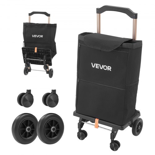 VEVOR boodschappentrolley, opvouwbare winkelwagen met een draagvermogen van 75 kg, zwart, inhoud van 40 liter, met koelvak, telescopische handgreep + 4 wielen, afneembare tas, 2-in-1 boodschappentrolley voor boodschappen doen, kamperen en huishoudelijk ge