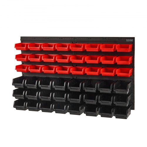 VEVOR Stapelboxen, 48 bakken met onderdelen, plankorganizer voor garage, plastic winkelgereedschap met wandpanelen, gereedschapsorganizer voor moeren, bouten, schroeven, spijkers, kralen, knopen, zwart en rood afbeelding