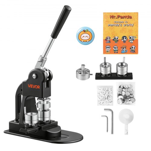 VEVOR Button Machine 25 mm Badgemaker 500-delige set met vervangende onderdelen, zwart, inclusief cirkelsnijder, sjabloonboekje en inbussleutels voor het zelf maken van badges, speldjes, koelkastmagneten en sleutelhangers.