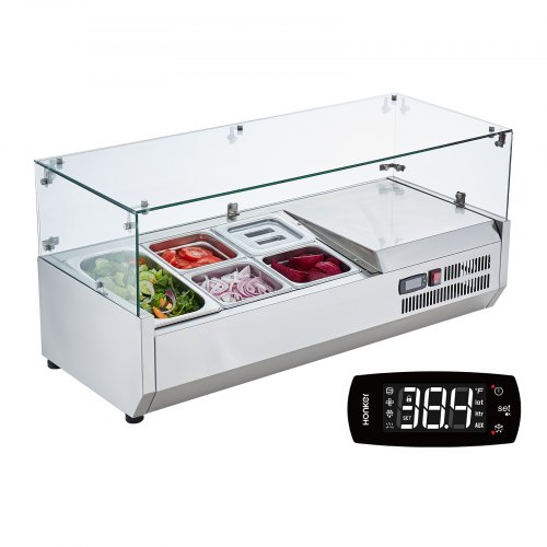VEVOR 140W gekoeld kruidenstation op het aanrecht met 1 x 1/3 pan en 4 x 1/6 pannen, 304 roestvrijstalen behuizing en polycarbonaat deksel, sandwichbereidingstafel met glazen beschermer afbeelding