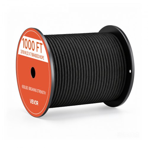 VEVOR Paracord Touw 4,7 mm x 305 m Nylon Parachutekoord Type 550 Zwart, Slijtvast Universeel Touw voor Thuis, Kamperen & Buitengebruik, 295 kg Breeksterkte, 12 Buiten- & 7 Binnenstrengen, met Touwspoel