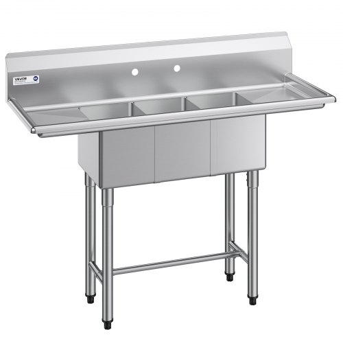 VEVOR 3-koms spoelbak met 2 afvoeren en spatbescherming, keuken spoelbak (1372 x 508 x 1097 mm), keuken spoelbak voor restaurants, foodtrucks en privé