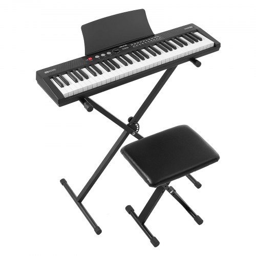 VEVOR Digitale Piano 61 toetsen, semi-gewogen elektrische piano met standaard en pianokruk, 128 klanken, 128 ritmes, HiFi stereoluidsprekers, 3,5 mm hoofdtelefoonaansluiting, sustainpedaal, USB/MIDI en lessenaar.