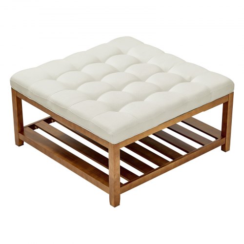 VEVOR Vierkante salontafel (875 x 875 x 445 mm) met massief houten opbergplank, massief gestoffeerde voetenbank met linnen voetenbank voor slaapkamer/woonkamer, 181,44 kg, crèmewit afbeelding