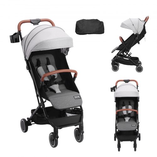 VEVOR standaard kinderwagen, met 95°-175° verstelbare rugleuning en 0/90° verstelbare voetsteun en één-klik vouwfunctie, kinderwandelwagen met bekerhouder en draagtas, lichtgrijs afbeelding