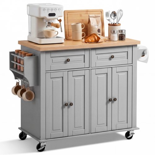VEVOR Keukeneilandtrolley met 2 Lades en 2 Deuren, Verrijdbaar Keukeneiland, Grijs, Keukentrolley met Kruidenrek, Handdoekrek en Tafelblad (900 X 450 X 27 mm) voor Eetkamer, Keuken, Serveerwagen