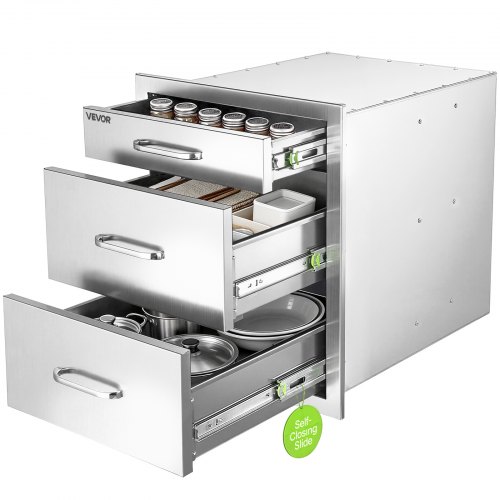VEVOR Keukenlades voor buiten, 442 x 518 x 520 mm, 3 laden, roestvrij staal. Ideaal voor barbecue-eilanden, terrasbars en grillstations. Met handgreep