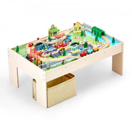 VEVOR Houten Activiteitentafel, 84 Stukken, met Opvouwbare Opbergcontainer, 3-in-1 Treinset om mee te Spelen, Schilderen, Lezen, Eten, Creatieve Speel