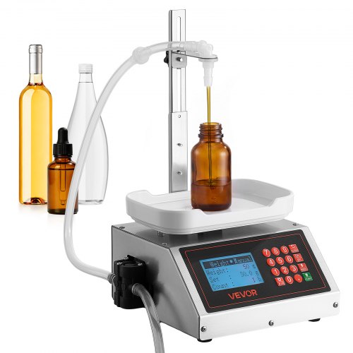 VEVOR Automatische vulmachine voor flessen van 10-1000 g, geschikt voor vloeistoffen, dranken, olie, shampoo en lotions. Voorzien van een roestvrijstalen behuizing, digitale weegschaal, druppelvrije spuitmond en geheugen voor voorgeprogrammeerde instellin