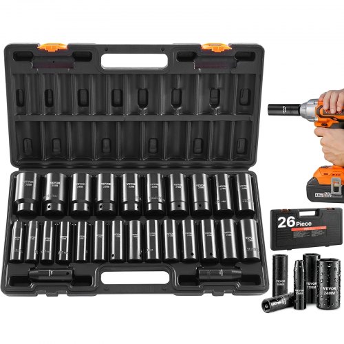 VEVOR Slagsleutelset met Doppen, 1/2 inch, 26-delig, Inbussleutels, Metrische maten 10–30 mm, 32–36 mm, Slagsleutelset met Koffer, Gemaakt van Chroom-Vanadium Gelegeerd Staal, voor Voertuigreparaties