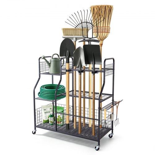VEVOR Tuingereedschapsrek 1050x435x1005mm Gereedschapshouder met wielen Zwart, Opbergrek voor garage, schuur of tuin, Stalen organizer voor bezems, met 3 opbergvakken, haken en dubbele sleuven