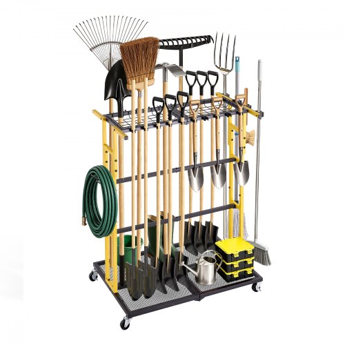VEVOR Tuingereedschapsrek 920x560x1010mm Gereedschapshouder met wielen Zwart, Opbergrek voor garage, schuur of tuin, Stalen organizer voor bezems, dweilen en harken, 2-in-1 met sleuven en klemsysteem