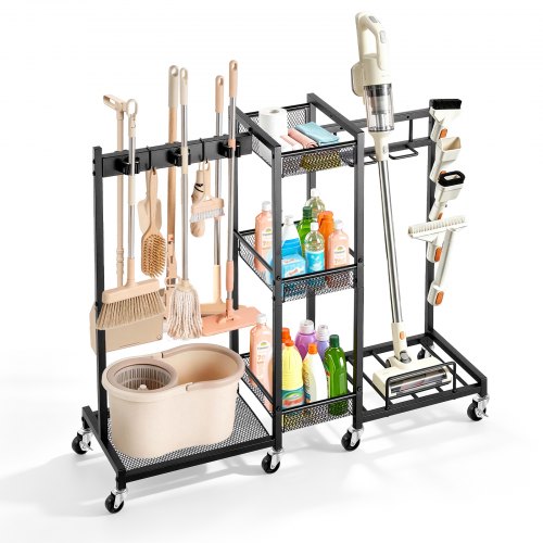 VEVOR Tuingereedschapsrek 1020x300x865mm Gereedschapshouder met wielen Zwart, Opbergrek voor garage, schuur of tuin, Stalen constructie, 3-in-1 met 3