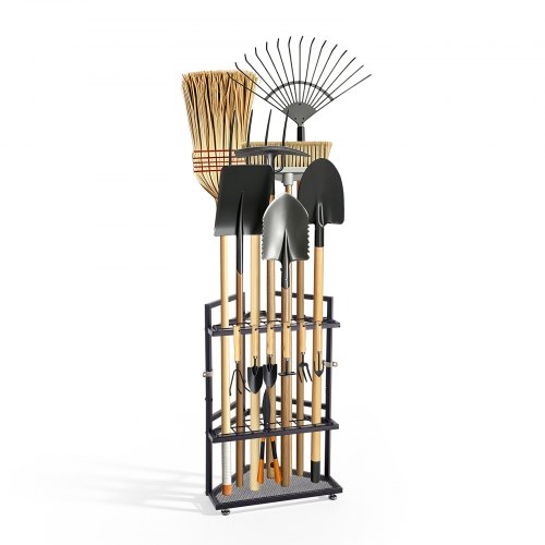 VEVOR Tuingereedschapsrek 410x275x610mm Hoekgereedschapshouder Zwart, Opbergrek voor Garage en Tuin, Stalen Organizer voor Bezems, Dweilen, Harken, met Dubbele Sleuven & Stelvoeten