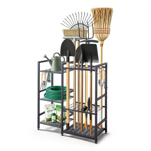 VEVOR Tuingereedschapsrek 740x300x805mm 3-laags gereedschapshouder zwart, opbergrek voor garage, schuur, tuin en buiten, stalen organizer met 3 planken, 6 haken en stelvoeten