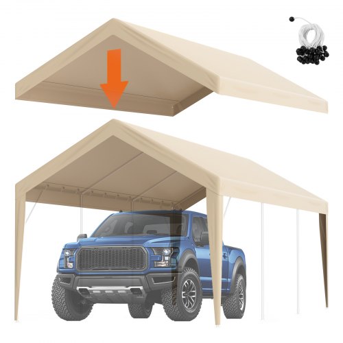 VEVOR Carport Garage Tent, 3 x 6 m, Garage Daktent, Waterdicht en UV-bestendig, Eenvoudige installatie met spanbanden, Beige (Alleen dakbedekking, fra