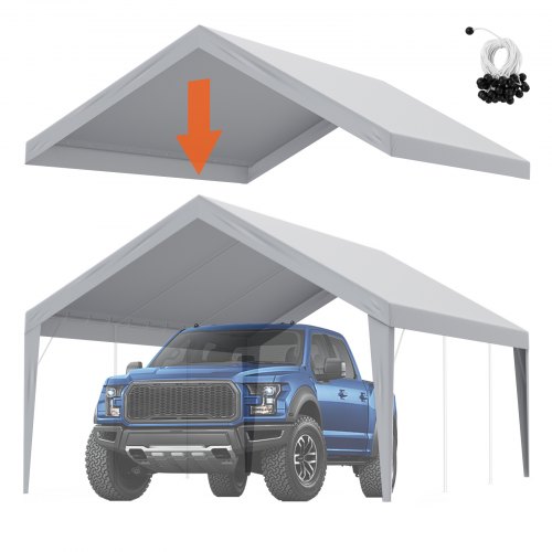 VEVOR Garagetent 12' x 20' Garagedaktent Onderdakzeil Waterdicht UV-beschermd Eenvoudige installatie met spanbanden Grijs (alleen dakbedekking, frame niet inbegrepen) afbeelding