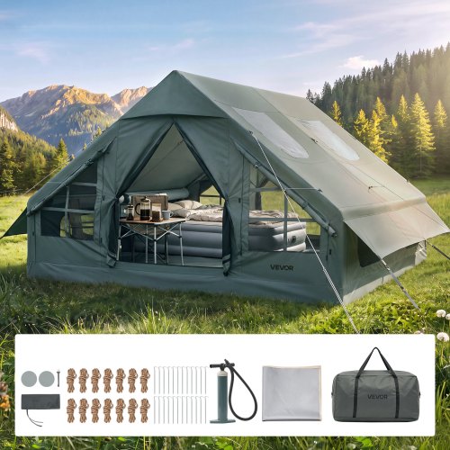 VEVOR Opblaasbare Campingtent Familietent Luchttent 5-8 Personen Groen, voor Buitenactiviteiten Waterafstotend 420D Oxford-stof met Dakraam, Kachelpijpopening Gaasraam & Draagtas