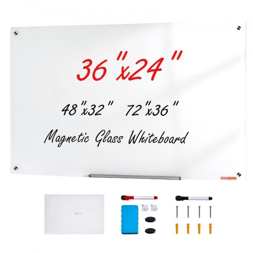 VEVOR magnetisch glazen whiteboard, wandbord droog uitwisbaar bord 90 x 60 cm, wandgemonteerd wit glazen bord zonder frame, met pennenbakje, een gum en 2 pennen, magneetbord wit afbeelding