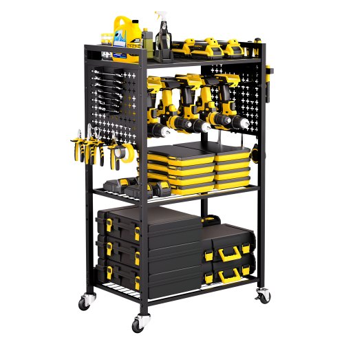 VEVOR 4-laags gereedschapswagen, draagvermogen 68 kg, werkplaatswagen met verrijdbare boorhouder en stevig opbergvak, montagewagen voor de garage, werkplaats, garage, zwart, 560 x 350 x 970 mm afbeelding