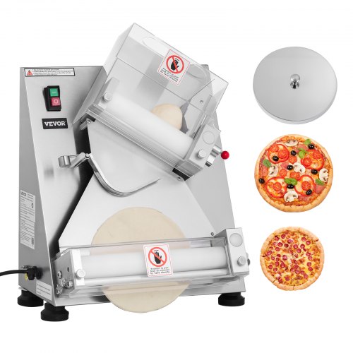VEVOR elektrische pizzadeegpers, 355,6 mm deegpersplaat, automatische broodpers, 370 W roestvrij staal, commerciële chapati-pers, vormmachine met inst