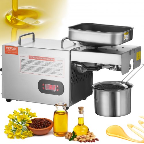 VEVOR elektrische oliepers, 850 W roestvrijstalen olie-extractiemachine, 0-300 ℃ instelbare temperatuur, hete persoliepers voor het persen van pinda's, sesamzaden, koolzaad, theezaden afbeelding
