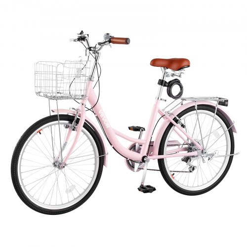VEVOR dames cruiserfiets van 24 inch, 150 kg, 7 versnellingen, stadsfiets, roze, voor woon-werkverkeer, boodschappen en stranduitstapjes, met dubbele V-remmen, bagagedrager van 50 kg, spatborden en handschoenen