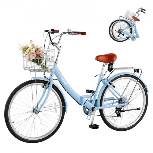 VEVOR Damesfiets 26 inch 7-versnellings Cruiser Stadsfiets Lichtblauw Opvouwbaar, voor Stad, Strand, Winkelen en Reizen, met Lage Instap, Opvouwbaar V