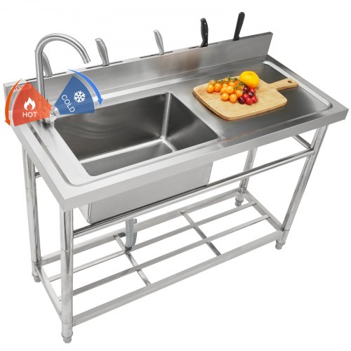 VEVOR roestvrijstalen spoelbak, vrijstaande commerciële keukengootsteenset met enkele bak en werkbank, 50 x 33 x 22 cm enkele spoelbak met kraan voor garage, restaurant, wasruimte afbeelding