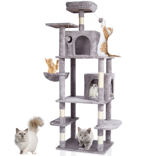 VEVOR krabpaal krabpaal kattenkrabpaal 2 kattenhuisjes sisal 174cm lichtgrijs afbeelding