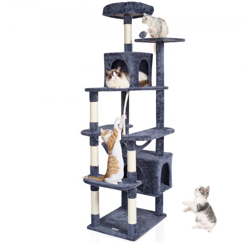 VEVOR krabpaal krabpaal kattenkrabpaal 2 kattenhuisjes sisal 183cm donkergrijs afbeelding