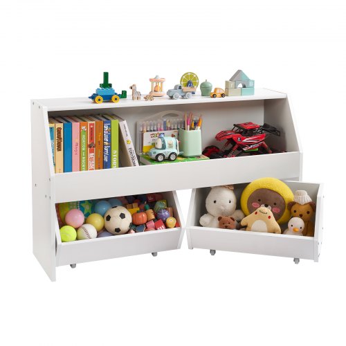 VEVOR Houten kinderboekenkast met opbergruimte, speelgoedkast met 2 mobiele lades, speelgoedopbergkast, speelgoedplank voor slaapkamer, kinderkamer, woonkamer, wit afbeelding