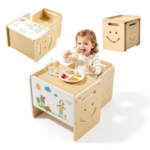 VEVOR Montessori tafel- en stoelenset, hout, kinderzitset voor peuters van 1-5 jaar, opstapje met whiteboard en in 3 standen verstelbare hoogte, om te eten, tekenen, lezen en spelen.