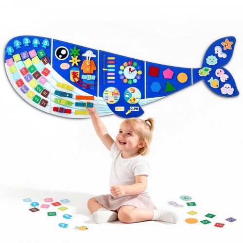 VEVOR Montessori Busy Board 12-in-1 Opvouwbaar Vilt Wandactiviteitenbord Walvis, Sensorisch Speelgoed voor Educatie & Vroege Ontwikkeling van Kinderen, met Cijfers, Letters, Dieren, Vormen, Klok & Leerelementen