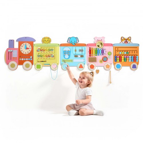 VEVOR Montessori Busy Board 18-in-1 Sensorisch Activiteitenbord van hout, trein, educatief speelgoed voor de vroege kinderontwikkeling thuis, gemaakt van MDF-platen, met xylofoon, klok, tandwielen en leerelementen
