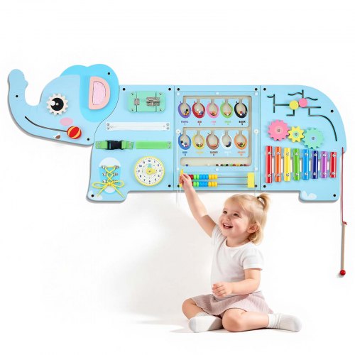 VEVOR Montessori Busy Board 14-in-1 Sensorisch Wandactiviteitenbord Olifant, Activiteitenbord voor Educatie & Vroege Ontwikkeling van Kinderen, gemaakt van MDF-platen, met xylofoon, klok, tandwielen en leerelementen