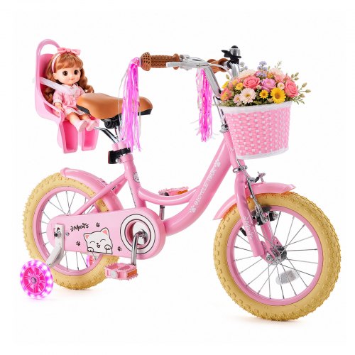 VEVOR Kinderfiets voor 3-5 jaar, 35,5 cm racefiets met zijwieltjes, roze, meisjesfiets, frame van koolstofstaal, dubbele remmen, verstelbaar zadel, me