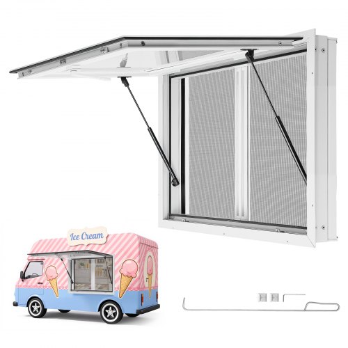 VEVOR Verkoopraam voor Foodtrucks 915 x 610 x 130 mm Verkoopraam voor foodtrucks en verkoopstands, opent tot 85°, met 2 horren, verkoopklep, trekhaak en regenhoes.