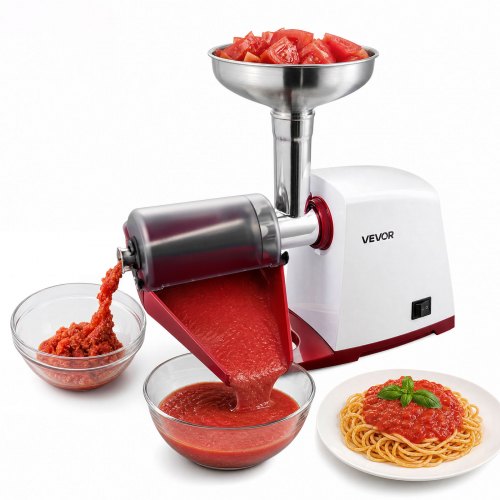 VEVOR elektrische tomatenpers, max. 800 W, roestvrij staal, keukenmachine voor aardbeienjam, pompoenpuree, salsa en sap, 4 zeven met maaswijdtes van 1 / 1,5 / 3 / 6 mm, beschermkap, reinigingsborstel, wit