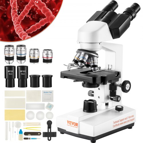 VEVOR binoculaire microscoop 10X, 25X, samengestelde microscoop, lenzen 4X, 10X, 40X, 100X, laboratorium gereflecteerd licht binoculaire microscoop vergroting 40-2500, 100-240 V laboratoriummicroscoop samengestelde microscoop afbeelding